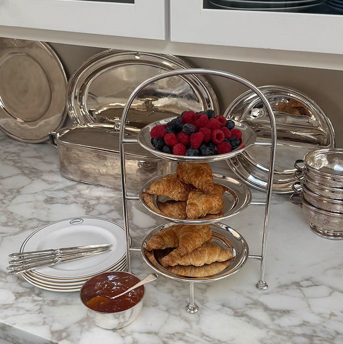 Vintage 15" Tiered Plate Stand with 3 Silver Plates