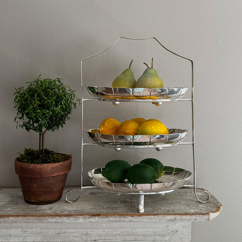 Vintage 3-Tier Stand with Set of 3 Footed Oval Scalloped Dishes